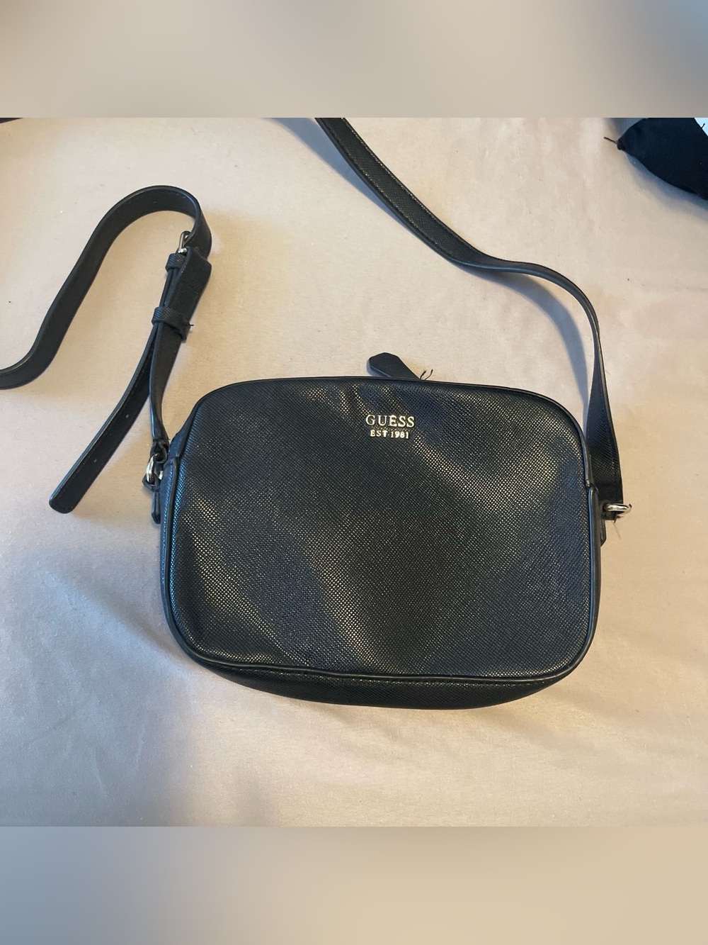 GUESS Black Leather Crossbody Messenger Bag with Gold Logo